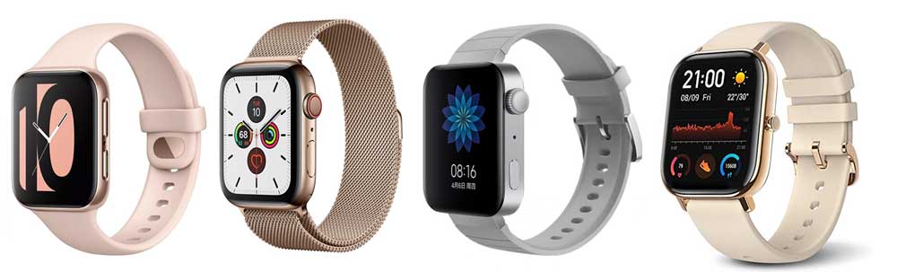 Spesifikasjonssammenligning Oppo Watch, Apple Watch, Mi Watch og Amazfit GTS